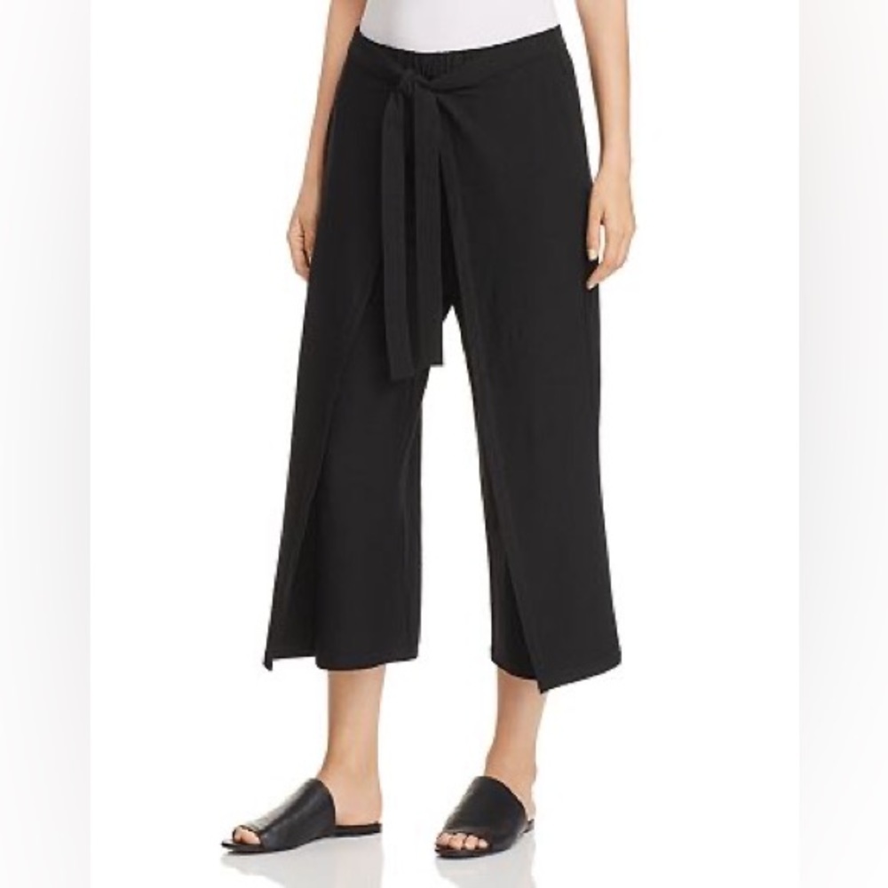 EILEEN Fisher Tie-Front Overlay Crop Pants Black Viscose Skirted Pull On